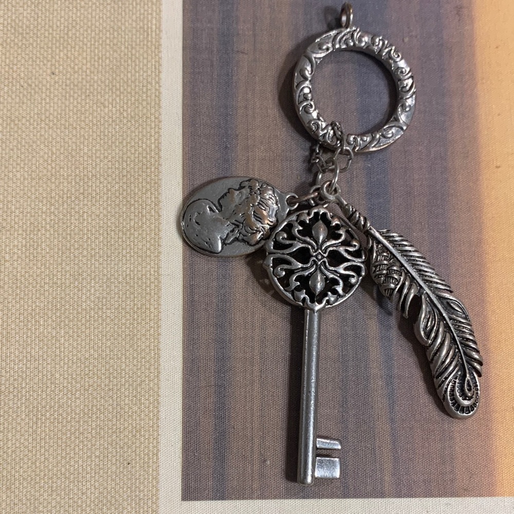 Silver Key,cameo and Feather  Necklace Pendant